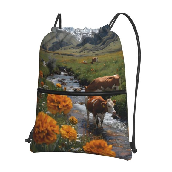 Xecao Mountain Cows Flower Stream for Drawstring Bags,Pull String Backpack Bags,String Bag Sackpack