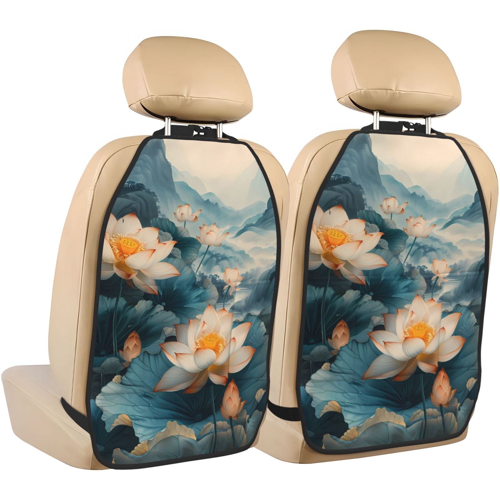 Xecao Mountain Lotus Serenity Pattern Car Seat Back Protector 2 Pack Large Capacity Pocket, Kick Mats Back Seat Protector