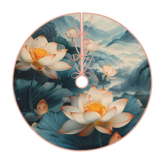 Xecao Mountain Lotus Serenity Pattern Christmas Tree Skirt Round Xmas Tree Mat Base Cover for Holiday Home Decorations-30"