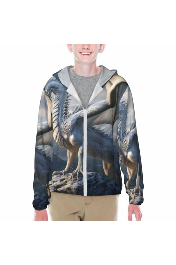 Mountain White Dragon Print Fishing Shirts for teenager Long Sleeve UV Sun Protection Hoodie with Zipper Outdoor Hiking Shirts-X-Large
