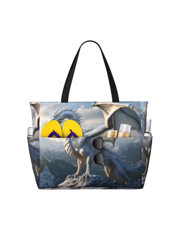 Mountain White Dragon for versatile beach bag for women includes zipper pockets and waterproof material, ideal for vacations and adventures.