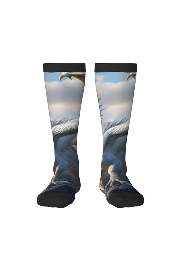 Mountain White Dragon print thigh-high socks, crafted for both men and women with a stretchy, high-opaque design perfect for daily wear