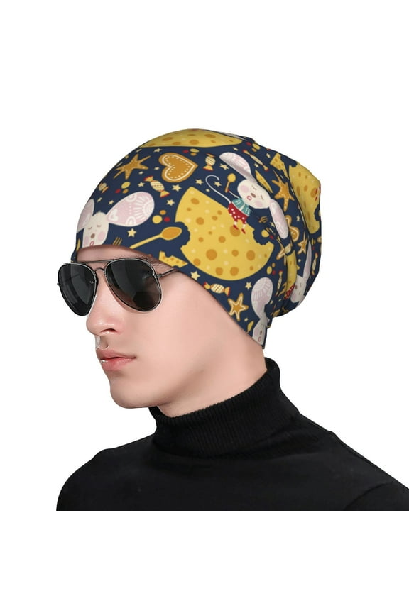 Mouse Cheese Print Beanie Knitted Hat for Men Women, Winter Fashion Knit Cuffed Caps Unisex