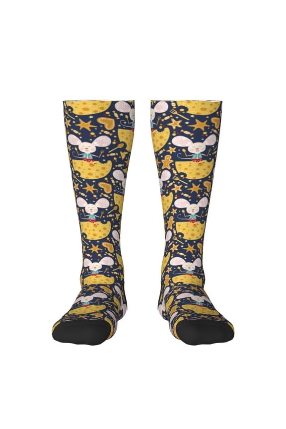 Mouse Cheese print thigh-high socks, crafted for both men and women with a stretchy, high-opaque design perfect for daily wear