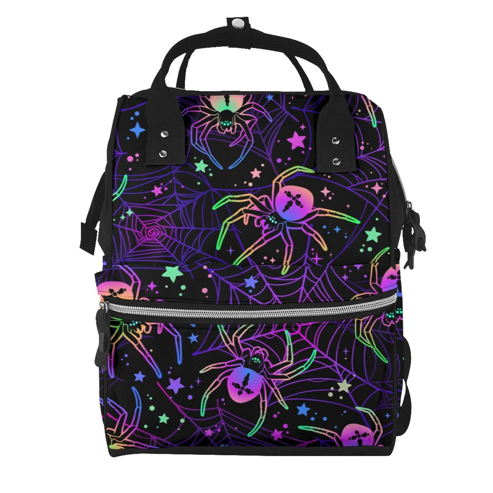Xecao Multi-colored Spiders print Large Capacity Nappy Bag is a multi-functional waterproof travel backpack, perfect as a nursing bag or mummy backpack for women