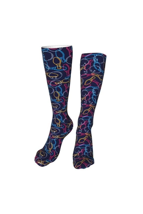 Multicolor Bowling Print Calf Socks Seamless Toe, Knee High Long Socks, Sports Socks Trouser Socks for Women and Men-One Size