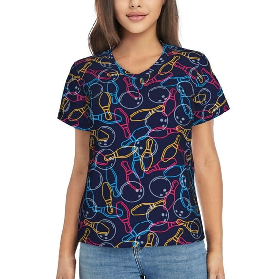 Xecao Multicolor Bowling for Women's V-Neck T-Shirts-Elegant Half-Sleeve Tops Perfect for Summer-3X-Large