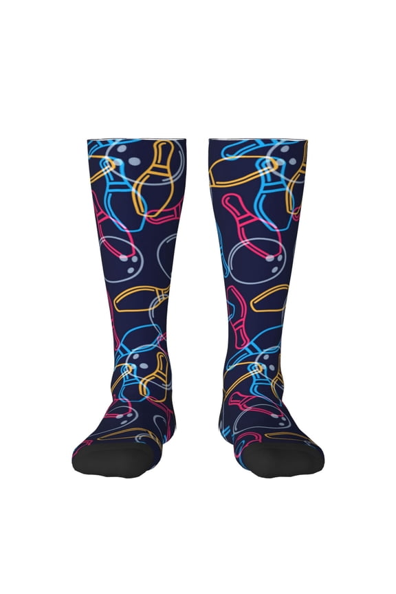 Multicolor Bowling print thigh-high socks, crafted for both men and women with a stretchy, high-opaque design perfect for daily wear