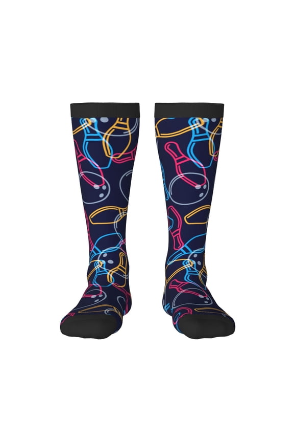 Multicolor Bowling print thigh-high socks, crafted for both men and women with a stretchy, high-opaque design perfect for daily wear