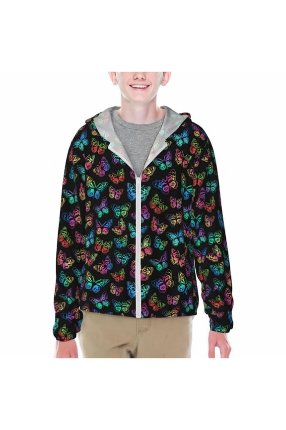 Multicolored Butterflies Print Fishing Shirts for teenager Long Sleeve UV Sun Protection Hoodie with Zipper Outdoor Hiking Shirts-X-Large