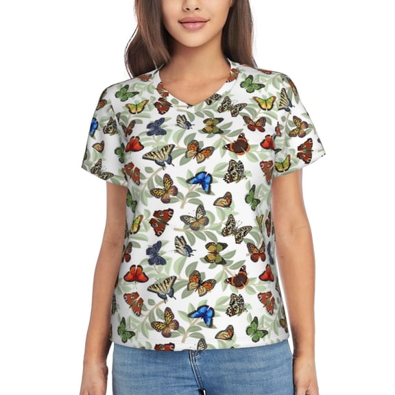 Xecao Multicolored Butterflies for Women's V-Neck T-Shirts-Elegant Half-Sleeve Tops Perfect for Summer-XX-Large