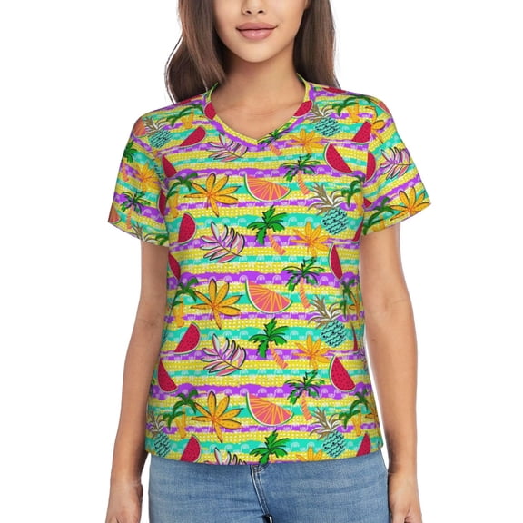 Xecao Multicolored Tropical for Women's V-Neck T-Shirts-Elegant Half-Sleeve Tops Perfect for Summer-Large