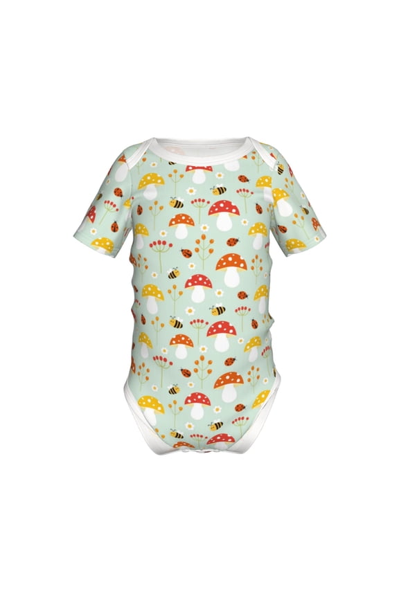 Mushroom Bee Pattern Baby Climbing Bodysuit Short Sleeve Onesie Unisex 0-12 Months Baby Shirt Newborn Outfits Crotch snap design-9M