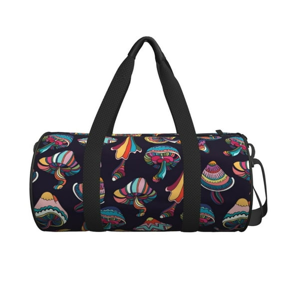 Xecao Mushroom Doodle print Round Travel Duffel Bag is a foldable gym bag with an inner pocket, perfect for travel sports