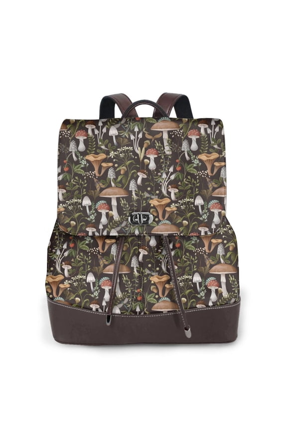 Mushroom Garnish Print Large Backpack Soft Leather for Women Travel with Compartment, Adjustable Convertible Strap