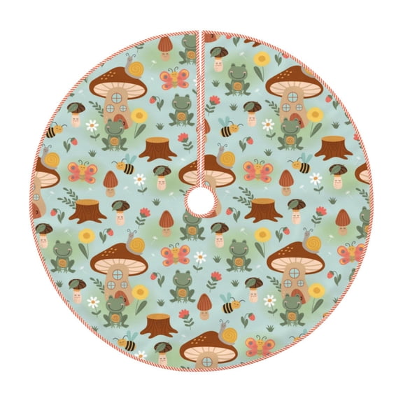 Xecao Mushroom House Insect Frog Pattern Christmas Tree Skirt Round Xmas Tree Mat Base Cover for Holiday Home Decorations-30"