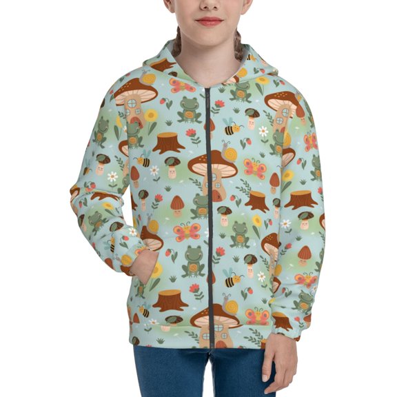 Xecao Mushroom House Insect Frog Pattern Zip Up Hoodies for Boys Girls, Sweatshirt with Pockets-