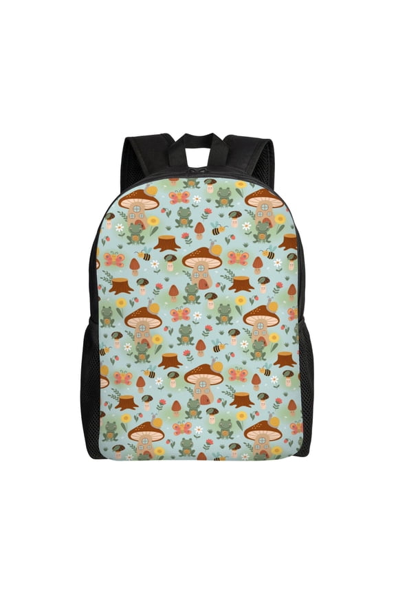 Mushroom House Insect Frog Print School Backpack with Laptop Compartment Small Travel Laptop Backpack for Women Men Waterproof College Backpack Simple School Bag