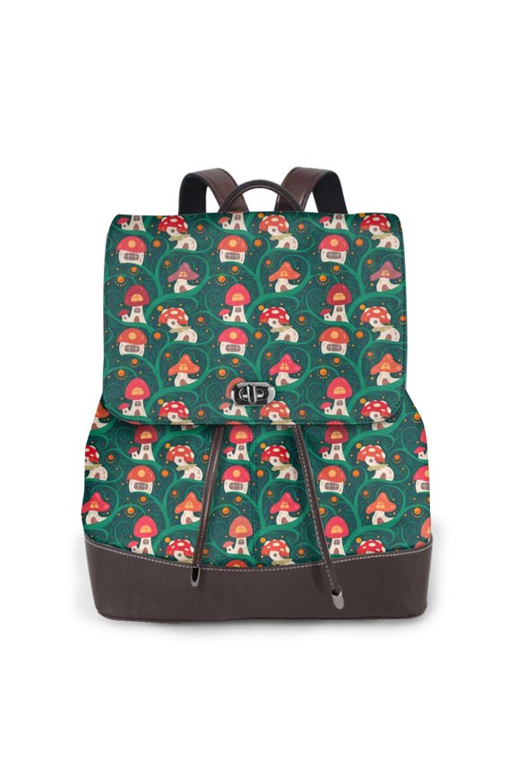 Mushroom House Print Large Backpack Soft Leather for Women Travel with Compartment, Adjustable Convertible Strap