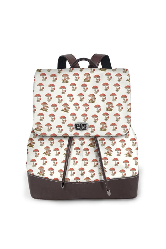 Mushroom Print Large Backpack Soft Leather for Women Travel with Compartment, Adjustable Convertible Strap