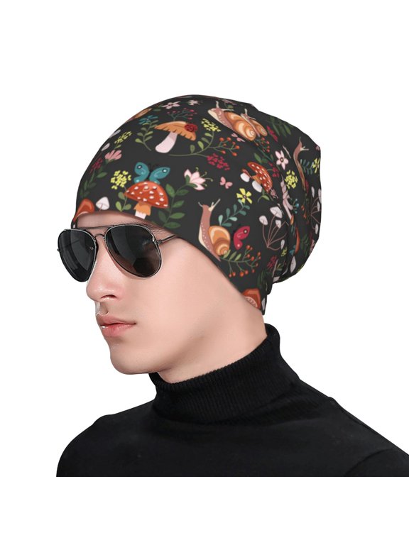 Mushroom Snail Print Beanie Knitted Hat for Men Women, Winter Fashion Knit Cuffed Caps Unisex