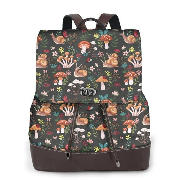 Xecao Mushroom Snail Print Large Backpack Soft Leather for Women Travel with Compartment, Adjustable Convertible Strap