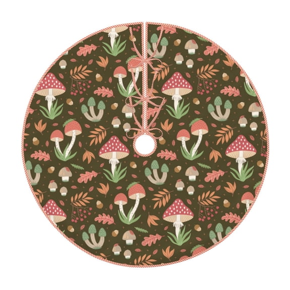 Xecao Mushrooms And Autumn Leaves Pattern Christmas Tree Skirt Round Xmas Tree Mat Base Cover for Holiday Home Decorations-36"