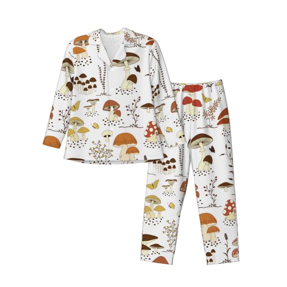 Xecao Mushrooms And Butterflies Print Pajamas Set Mens Pajamas Long Sleeve Loungewear Two-Piece Sleepwear Button-Down Pjs Set,2PJS-Medium
