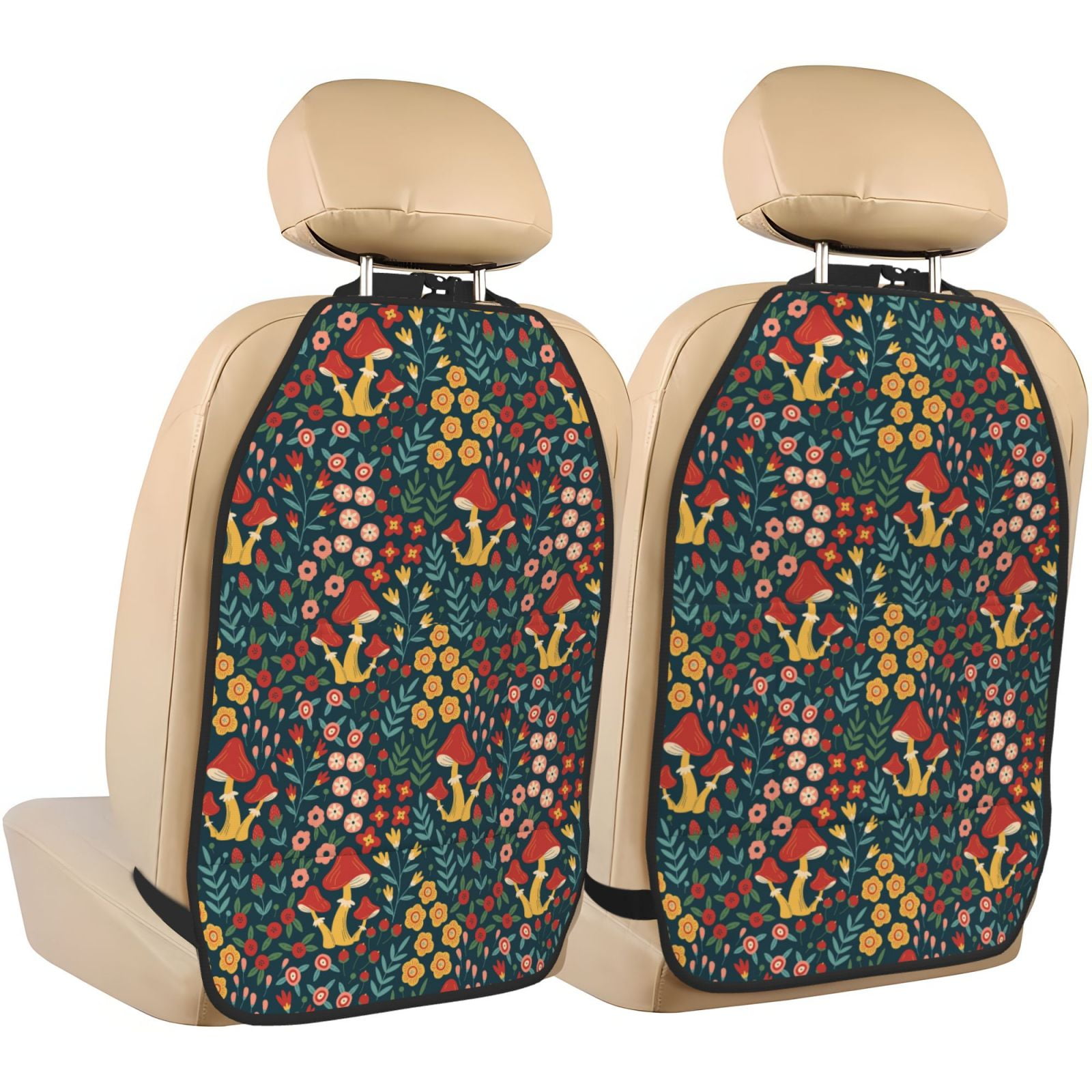 Xecao Berries and Flowers Pattern Car Seat Back Protector 2 Pack Large Capacity Pocket, Kick Mats Back Seat Protector