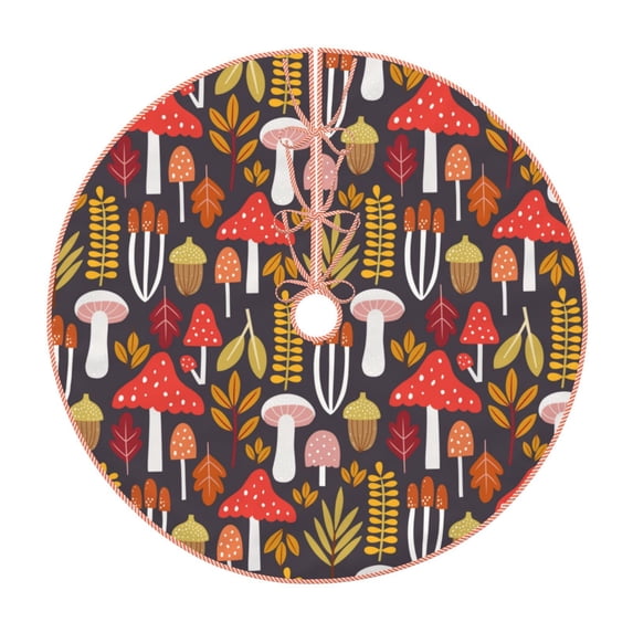 Xecao Mushrooms And Leaves Pattern Christmas Tree Skirt Round Xmas Tree Mat Base Cover for Holiday Home Decorations-30"
