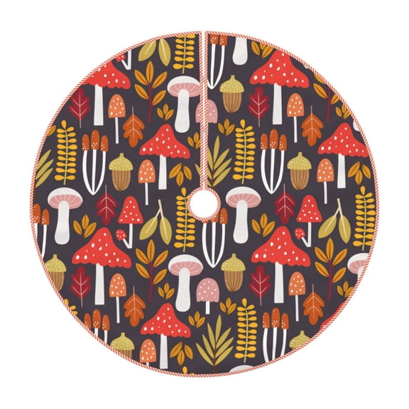 Xecao Mushrooms And Leaves Pattern Christmas Tree Skirt Round Xmas Tree Mat Base Cover for Holiday Home Decorations-36"