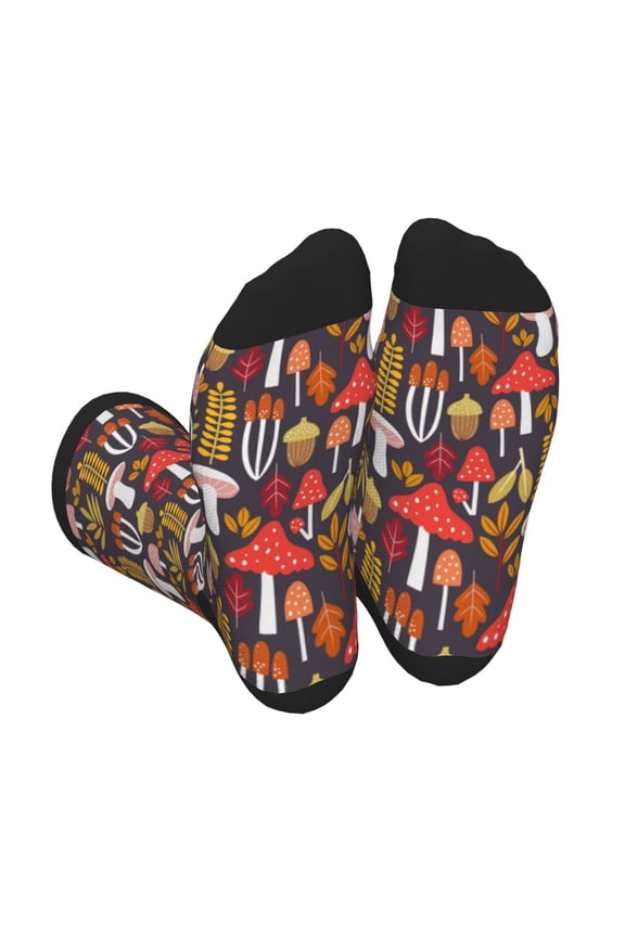 Xecao Mushrooms And Leaves Print Crew Socks for Men and Women, Men's Soft Moisture-wicking Sock