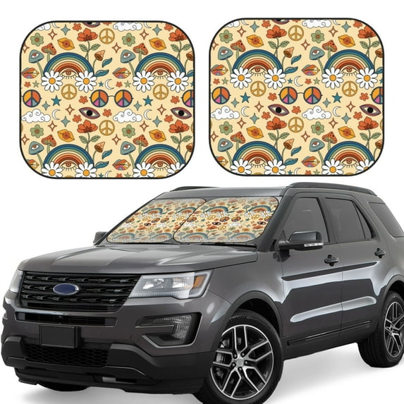 Xecao Mushrooms And Rainbows Peace for Foldable Car Sun Shades (2-Pack) offer sun protection with an easy-fold design for convenient windshield shading.