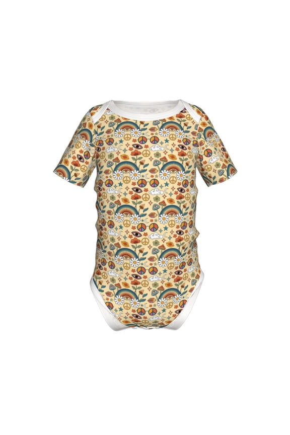 Mushrooms And Rainbows Peace Pattern Baby Climbing Bodysuit Short Sleeve Onesie Unisex 0-12 Months Baby Shirt Newborn Outfits Crotch snap design-2 Years