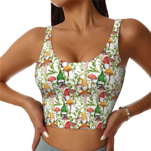 Xecao Mushrooms Gnomes for Sports Bra with Removable Pads, Crop Tank Top Design, Women's Longline Sports Bra - Non-Wired - Large