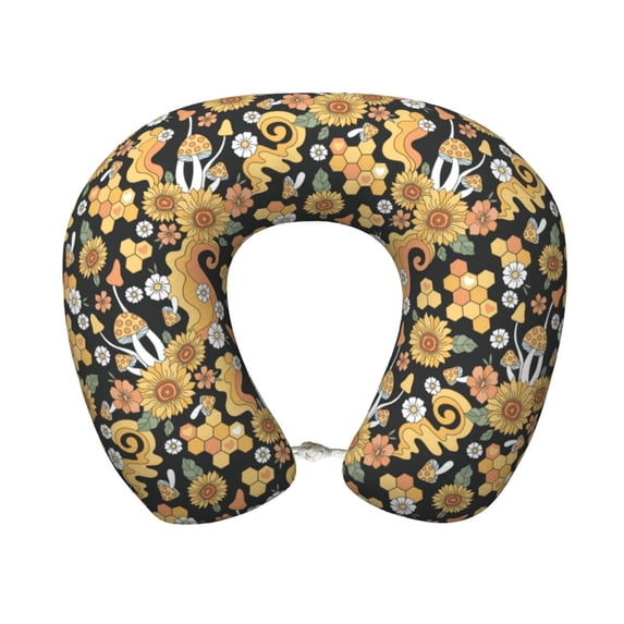 Xecao Mushrooms Honeycomb Print Memory Foam Cervical Neck Pillow Versatile U-Shaped Pillows for Home,Office,Camping,Travelling,Soft Washable Cover