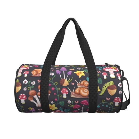 Xecao Mushrooms Snails Butterflies print Round Travel Duffel Bag is a foldable gym bag with an inner pocket, perfect for travel sports