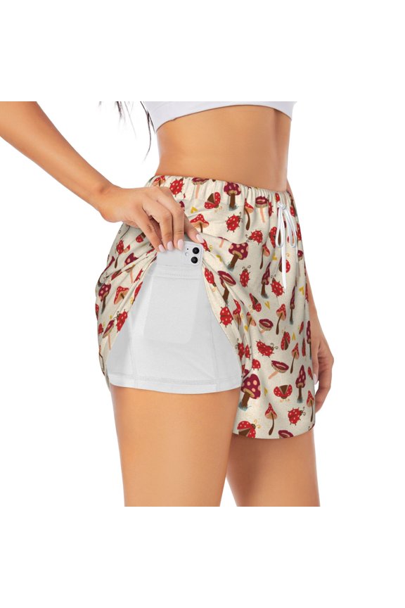 Mushrooms and Lady Bugs Double-Layer Running Shorts for Women, Perfect for Gym, Tennis, and More, Featuring a Convenient Pocket-Small