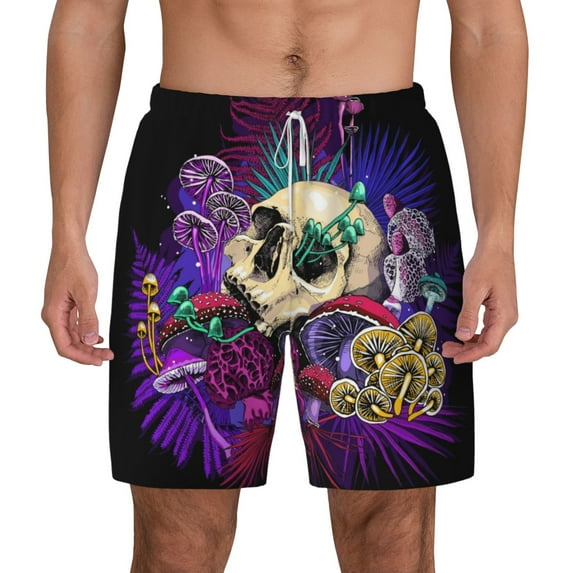 Xecao Mushrooms and Skull for Men's Swimming Trunks Swim Trunks Quick Dry Swim Shorts with Mesh Lining Funny Swimwear Bathing Suits