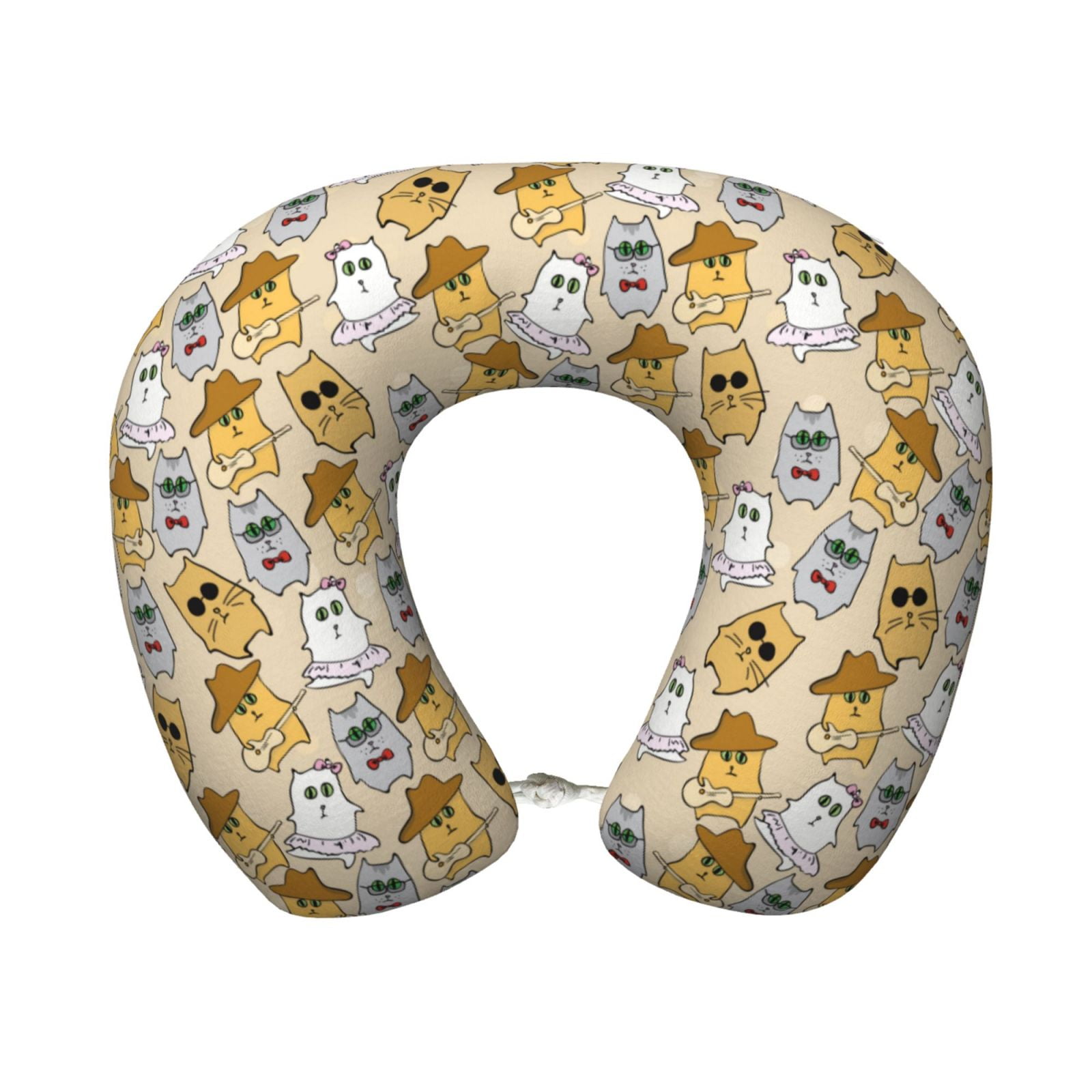 Xecao Music Dancing Cat Print Memory Foam Cervical Neck Pillow Versatile U-Shaped Pillows for Home,Office,Camping,Travelling,Soft Washable Cover
