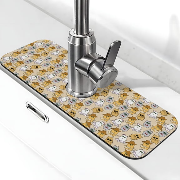 Xecao Music Dancing Cat for Kitchen Sink Splash Guard Faucet Mat , Faucet Guard & Draining mat, (15" X 5.5" )