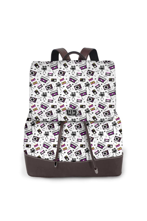 Music Player Print Large Backpack Soft Leather for Women Travel with Compartment, Adjustable Convertible Strap