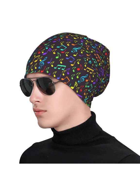 Musical Notes Print Beanie Knitted Hat for Men Women, Winter Fashion Knit Cuffed Caps Unisex