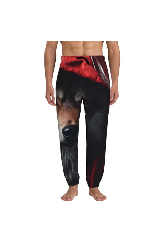 Mysterious Hooded Wolf Print Active Tech Joggers for Men, Mens Sweatpants Lounge Pants with Pockets-Medium