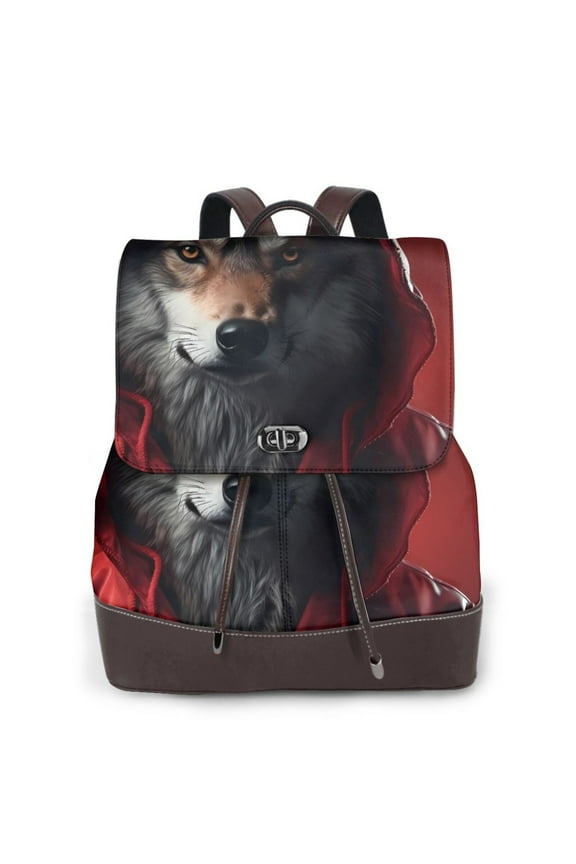 Mysterious Hooded Wolf Print Large Backpack Soft Leather for Women Travel with Compartment, Adjustable Convertible Strap