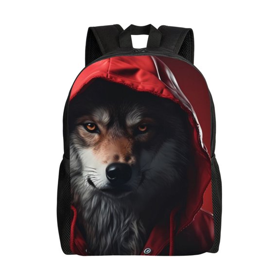Xecao Mysterious Hooded Wolf Print School Backpack with Laptop Compartment Small Travel Laptop Backpack for Women Men Waterproof College Backpack Simple School Bag