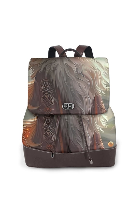 Mystic Fox With Halo Print Large Backpack Soft Leather for Women Travel with Compartment, Adjustable Convertible Strap