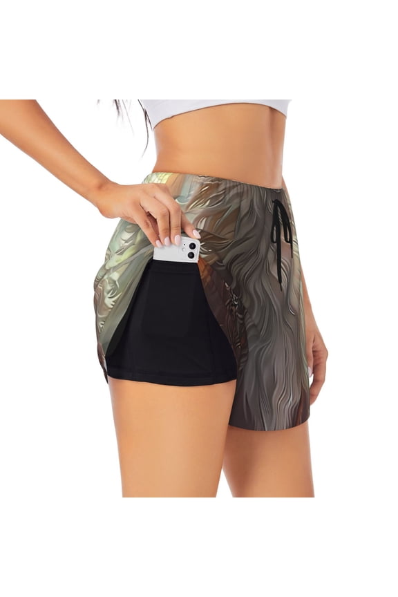 Mystic Fox With Halo for Double-layer Running Short for Women, Perfect for Gym, Tennis, and More, Featuring a Convenient Pocket-Large