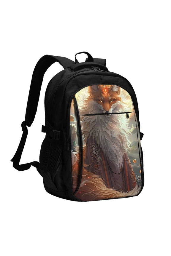 Mystic Fox With Halo for Travel Laptop Backpack, USB-Charging-Enabled, Spacious Business Backpack for Men and Women,College School Computer Bag