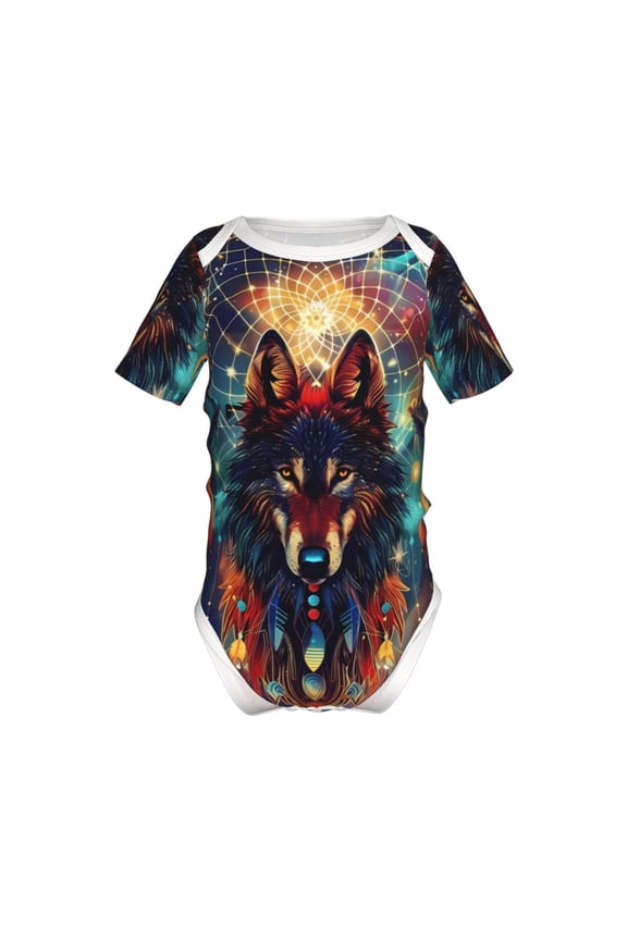 Mystic Wolf Dreamcatcher Pattern Baby Climbing Bodysuit Short Sleeve Onesie Unisex 0-12 Months Baby Shirt Newborn Outfits Crotch snap design-9M